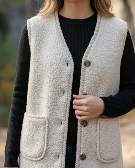 Teddy Weste Damen Creme | Ärmellose Knopfweste - Ansicht 4