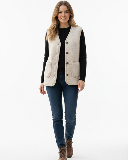 Teddy Weste Damen Creme | Ärmellose Knopfweste - Ansicht 5