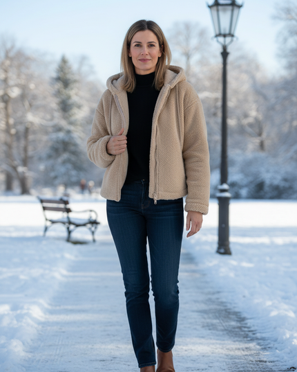 Teddyfell Jacke Damen Beige mit Kapuze - Ansicht 1
