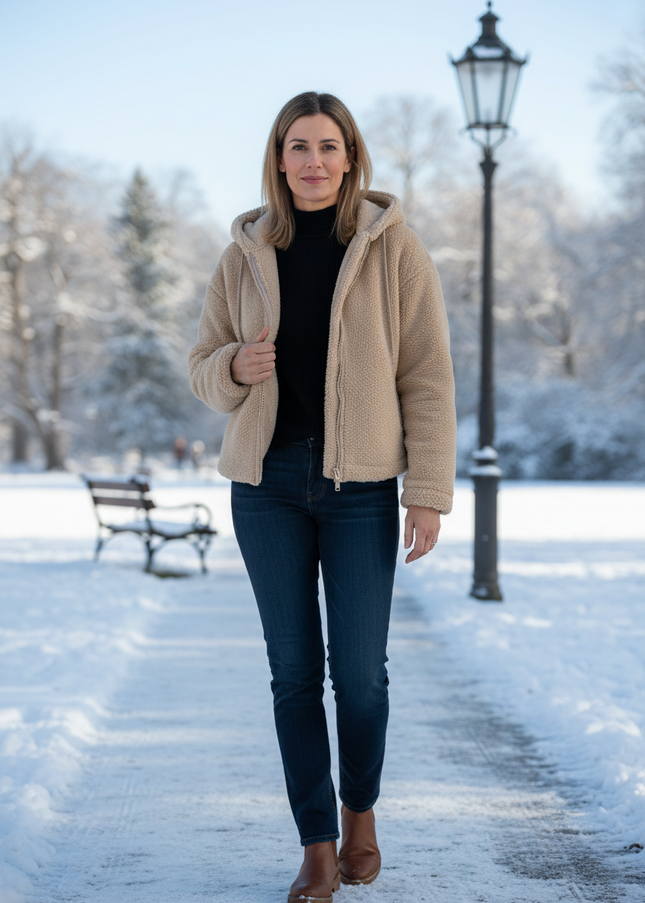 Teddyfell Jacke Damen Beige mit Kapuze - Ansicht 1