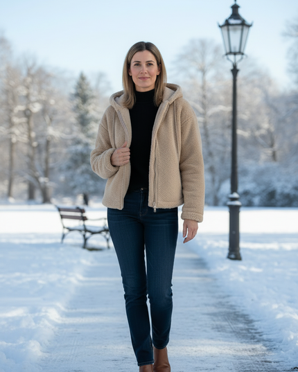 Teddyfell Jacke Damen Beige mit Kapuze - Ansicht 3