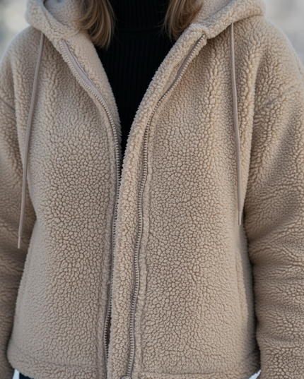 Teddyfell Jacke Damen Beige mit Kapuze - Ansicht 4
