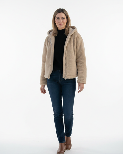 Teddyfell Jacke Damen Beige mit Kapuze - Ansicht 5