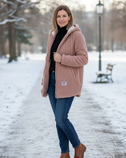 Teddyfell Jacke Damen mit Kapuze in Altrosa mit Stickerei - Ansicht 1