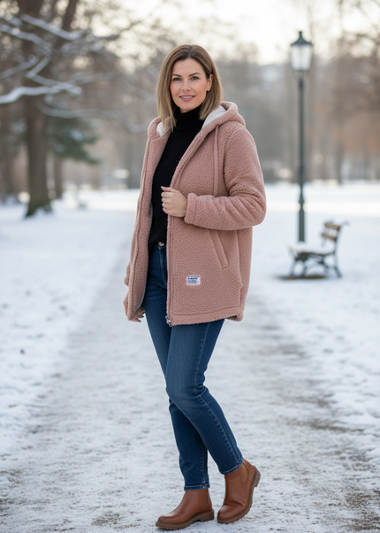 Teddyfell Jacke Damen mit Kapuze in Altrosa mit Stickerei - Ansicht 1