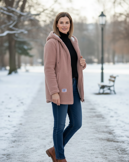 Teddyfell Jacke Damen mit Kapuze in Altrosa mit Stickerei - Ansicht 3