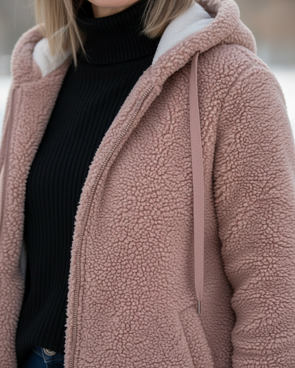 Teddyfell Jacke Damen mit Kapuze in Altrosa mit Stickerei - Ansicht 4