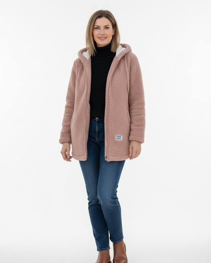 Teddyfell Jacke Damen mit Kapuze in Altrosa mit Stickerei - Ansicht 5