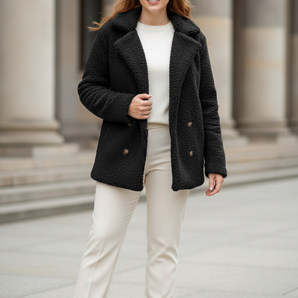 Teddyfell Jacke Damen Schwarz mit Knopfleiste - Ansicht 1