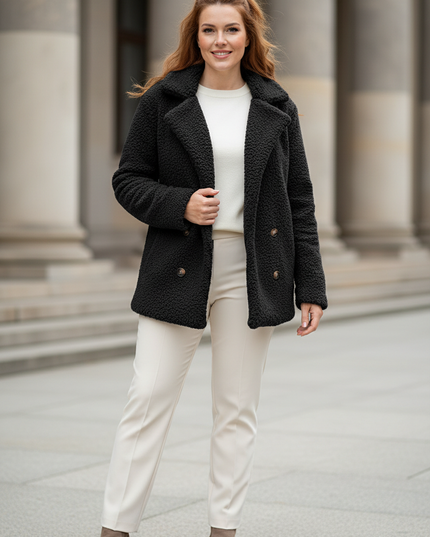 Teddyfell Jacke Damen Schwarz mit Knopfleiste - Ansicht 1