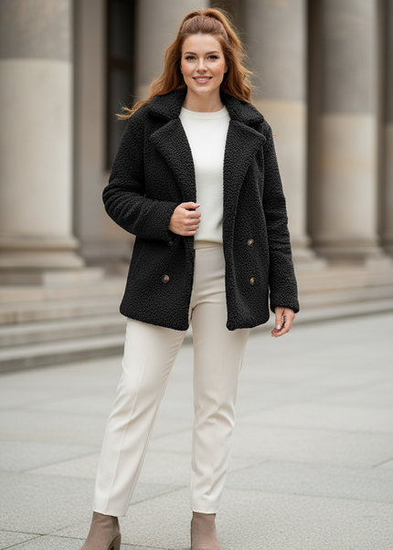Teddyfell Jacke Damen Schwarz mit Knopfleiste - Ansicht 1