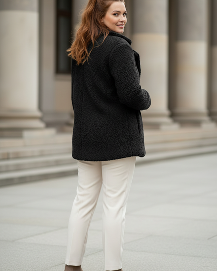 Teddyfell Jacke Damen Schwarz mit Knopfleiste - Ansicht 2