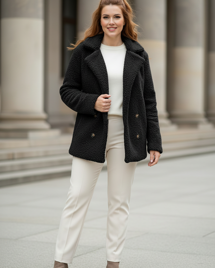 Teddyfell Jacke Damen Schwarz mit Knopfleiste - Ansicht 3