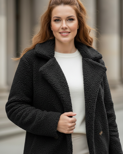 Teddyfell Jacke Damen Schwarz mit Knopfleiste - Ansicht 4