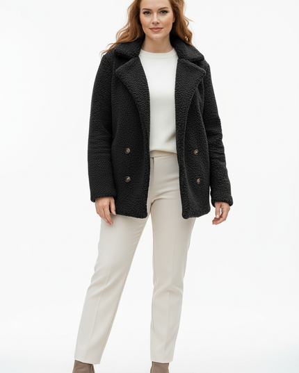 Teddyfell Jacke Damen Schwarz mit Knopfleiste - Ansicht 5