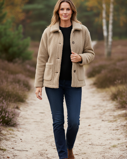Teddyfleece Jacke Damen Beige mit Hemdkragen - Ansicht 1