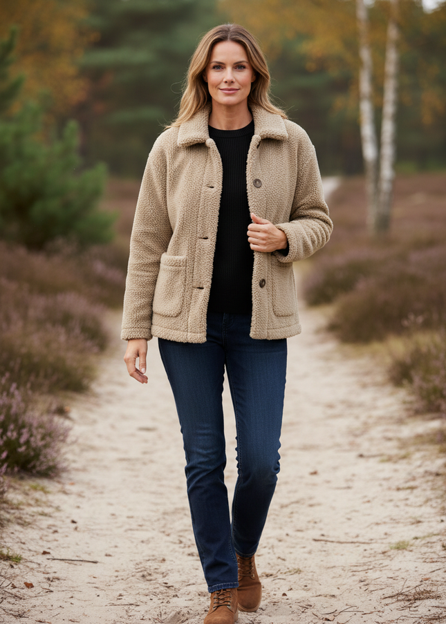 Teddyfleece Jacke Damen Beige mit Hemdkragen - Ansicht 1