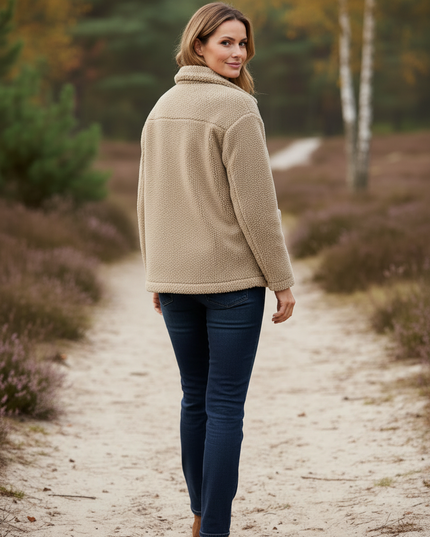 Teddyfleece Jacke Damen Beige mit Hemdkragen - Ansicht 2