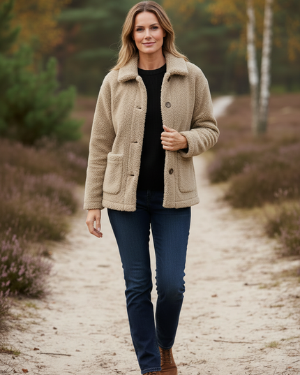 Teddyfleece Jacke Damen Beige mit Hemdkragen - Ansicht 3