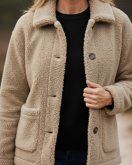 Teddyfleece Jacke Damen Beige mit Hemdkragen - Ansicht 4