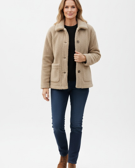 Teddyfleece Jacke Damen Beige mit Hemdkragen - Ansicht 5
