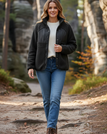 Teddyfleece Jacke Damen Schwarz mit Stehkragen - Ansicht 1