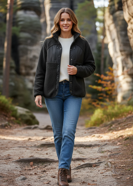 Teddyfleece Jacke Damen Schwarz mit Stehkragen - Ansicht 1