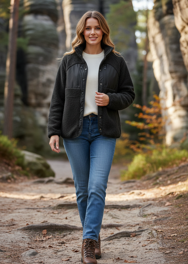 Teddyfleece Jacke Damen Schwarz mit Stehkragen - Ansicht 1