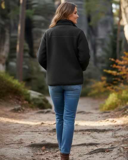 Teddyfleece Jacke Damen Schwarz mit Stehkragen - Ansicht 2
