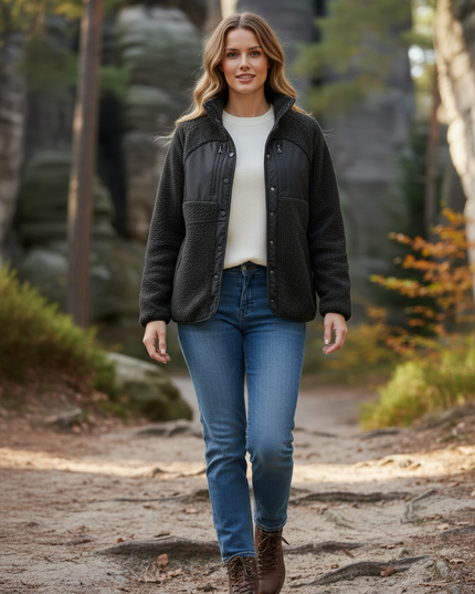 Teddyfleece Jacke Damen Schwarz mit Stehkragen - Ansicht 3