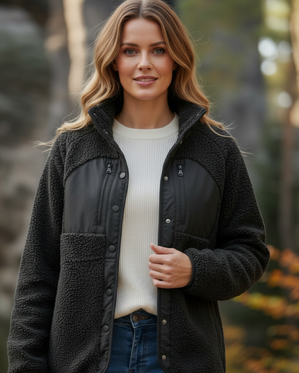 Teddyfleece Jacke Damen Schwarz mit Stehkragen - Ansicht 4
