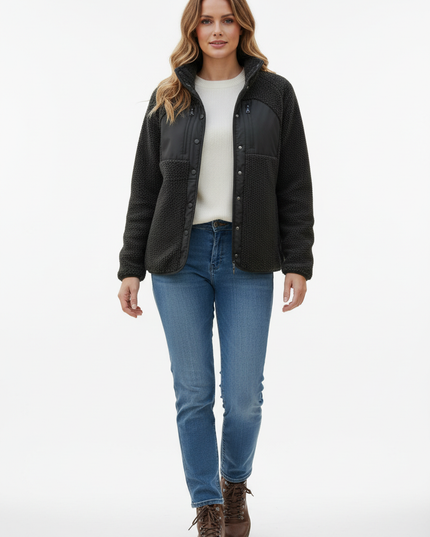 Teddyfleece Jacke Damen Schwarz mit Stehkragen - Ansicht 5