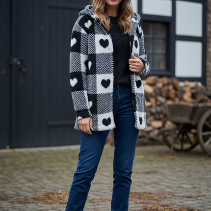 Teddyjacke mit Herzen Damen: weiß mit Karo & Kapuze - Ansicht 1