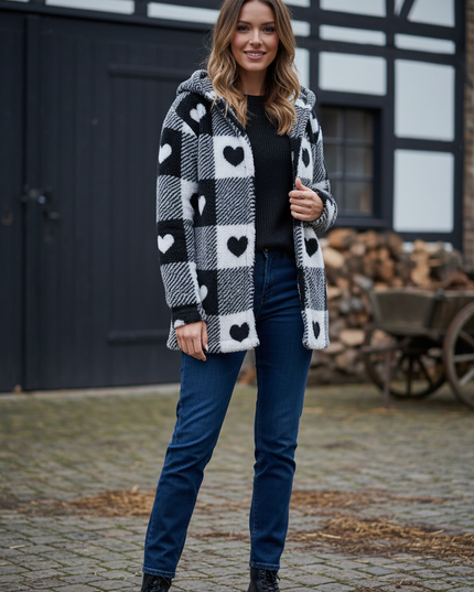 Teddyjacke mit Herzen Damen: weiß mit Karo & Kapuze - Ansicht 1