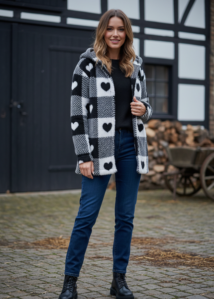 Teddyjacke mit Herzen Damen: weiß mit Karo & Kapuze - Ansicht 1