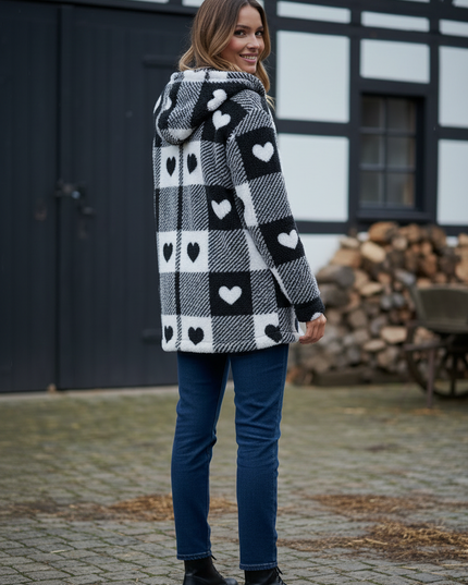 Teddyjacke mit Herzen Damen: weiß mit Karo & Kapuze - Ansicht 2