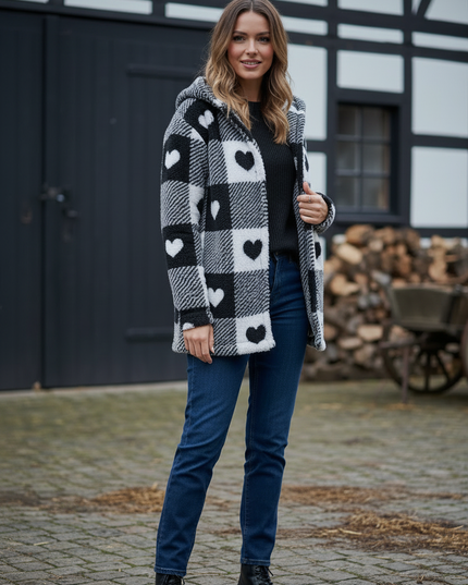 Teddyjacke mit Herzen Damen: weiß mit Karo & Kapuze - Ansicht 3