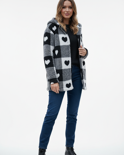 Teddyjacke mit Herzen Damen: weiß mit Karo & Kapuze - Ansicht 5