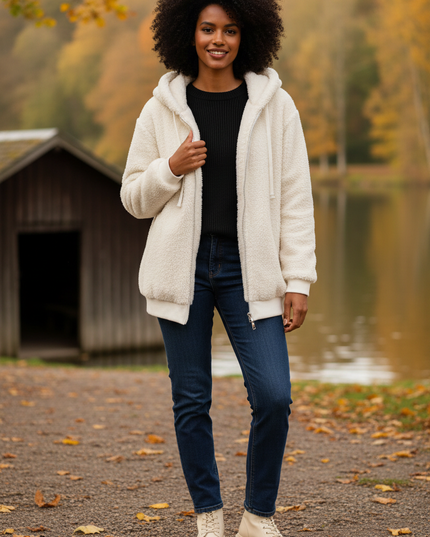 Weiße Teddyjacke mit Kapuze | Damen, warm - Ansicht 1
