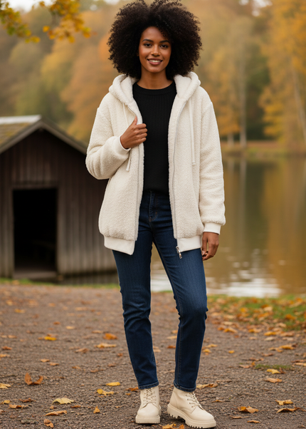 Weiße Teddyjacke mit Kapuze | Damen, warm - Ansicht 1