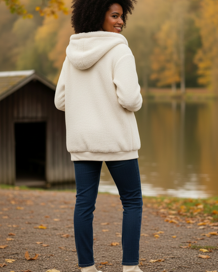 Weiße Teddyjacke mit Kapuze | Damen, warm - Ansicht 2