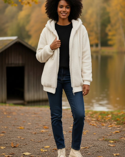 Weiße Teddyjacke mit Kapuze | Damen, warm - Ansicht 3