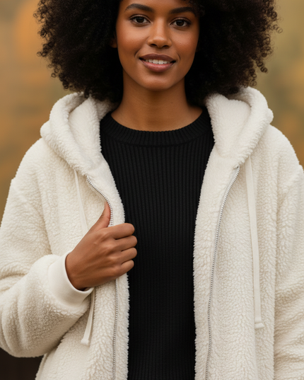 Weiße Teddyjacke mit Kapuze | Damen, warm - Ansicht 4