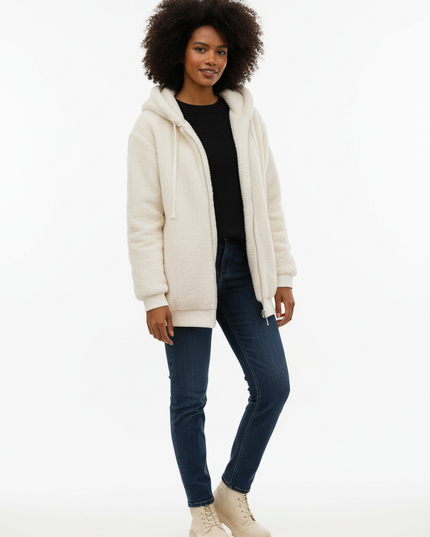 Weiße Teddyjacke mit Kapuze | Damen, warm - Ansicht 5